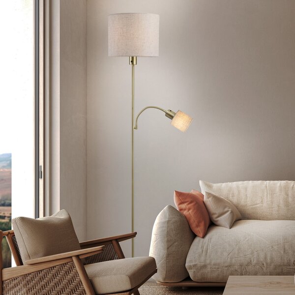 Näve Lampadar Filomena, bej/alamă, textil, braț de citit, E27, E14, Bej, Camera de zi / sufragerie, Țesătură / Textil, Lumină de lectură