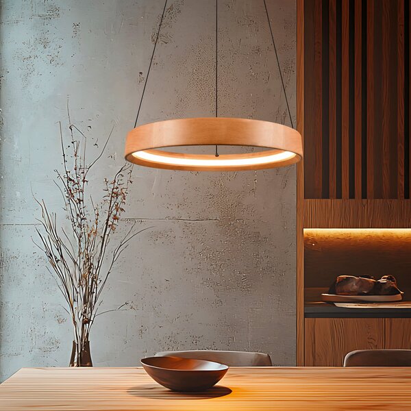 Trio Lighting Lampă suspendată LED Lynwood, Ø 50 cm, culoare lemn, dimabil, reglabil, Lemn, Camera de zi / sufragerie, Lemn