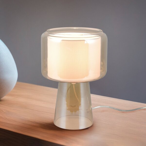Trio Lighting Lampa de masă Rocka, culoare chihlimbar, înălțime 29 cm, sticlă/țesătură, Bej, Camera de zi / sufragerie, Sticlă