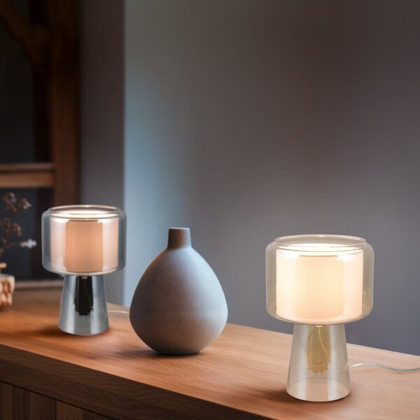 Trio Lighting Lampa de masă Rocka, crom, înălțime 29 cm, sticlă/țesătură, Metalic, Camera de zi / sufragerie, Sticlă