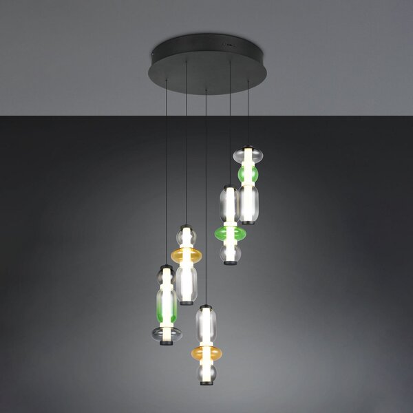 Trio Lighting Lampă suspendată LED Minerva, Ø 42 cm, colorată, sticlă, CCT, 5 becuri., reglabil, Multicolor, Camera de zi / sufragerie, Sticlă