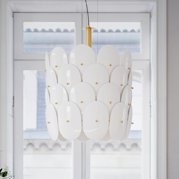 By Rydéns Lampa suspendată Omlott de la Rydens, alamă/alb, Ø 50 cm, reglabil, Alb, Camera de zi / sufragerie, Sticlă, Design