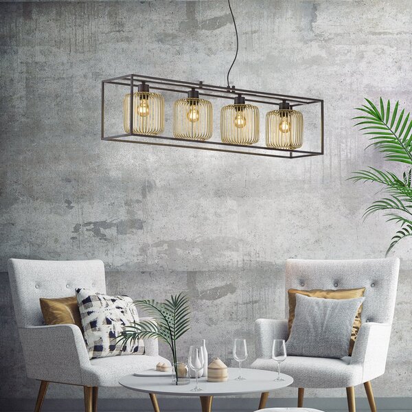 FISCHER & HONSEL Lampă suspendată Caydo, negru mat/auriu, lungime 110 cm, 4 becuri., reglabil, Negru, Camera de zi / sufragerie, Metal, Modern