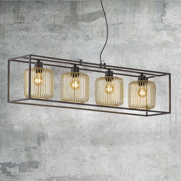 FISCHER & HONSEL Lampă suspendată Caydo, negru mat/auriu, lungime 110 cm, 4 becuri., reglabil, Negru, Camera de zi / sufragerie, Metal, Modern