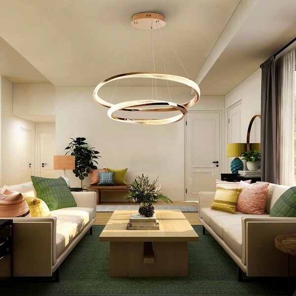 Schuller Valencia Lampă suspendată LED Orbitas, Ø 80 cm, culoare aurie, metal, dimabil, reglabil, Auriu / Alamă, Camera de zi / sufragerie, Aluminiu