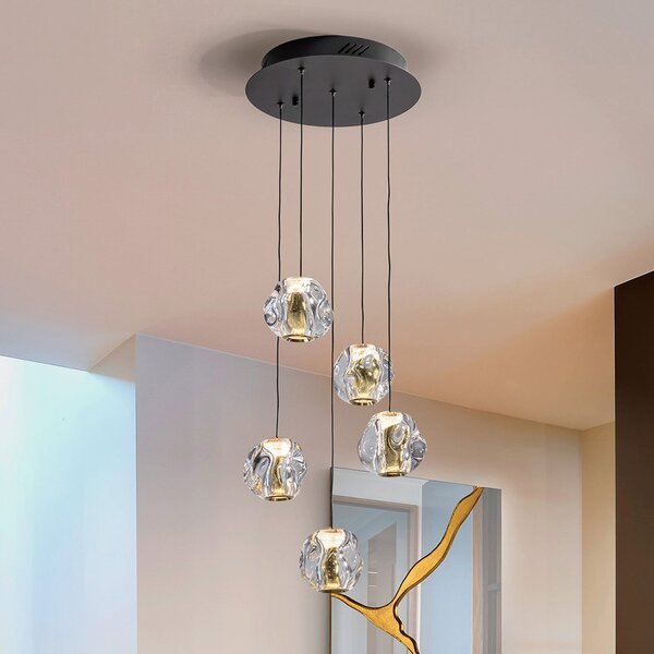 Schuller Valencia Lampă suspendată LED Zaira, Ø 33 cm, negru/auriu, 5 becuri., reglabil, Transparent, Camera de zi / sufragerie, Metal