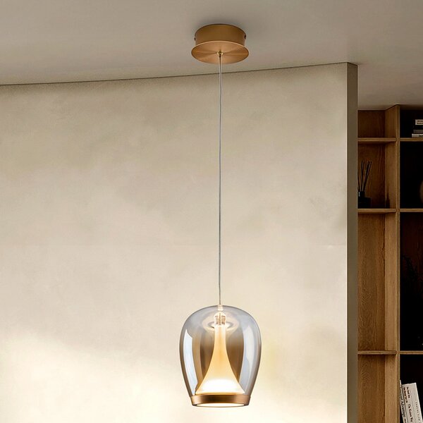 Schuller Valencia Lampă suspendată LED Suspiro, Ø 18 cm, auriu/chihlimbar, sticlă, Bej, Camera de zi / sufragerie, Sticlă