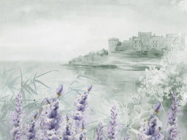 Fototapet Pictura acuarelă a unui castel și flori, Fototapet acuarelă, Fototapet populare, w08975 - Tapeko.ro