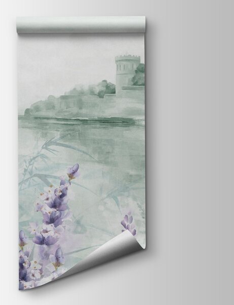 Fototapet Pictura acuarelă a unui castel și flori, Fototapet acuarelă, Fototapet populare, w08975 - Tapeko.ro