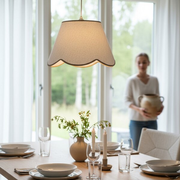 PR Home Lampă suspendată Nell, bej, Ø 35 cm, E27, țesătură, reglabil, Alb, Camera de zi / sufragerie, Țesătură / Textil