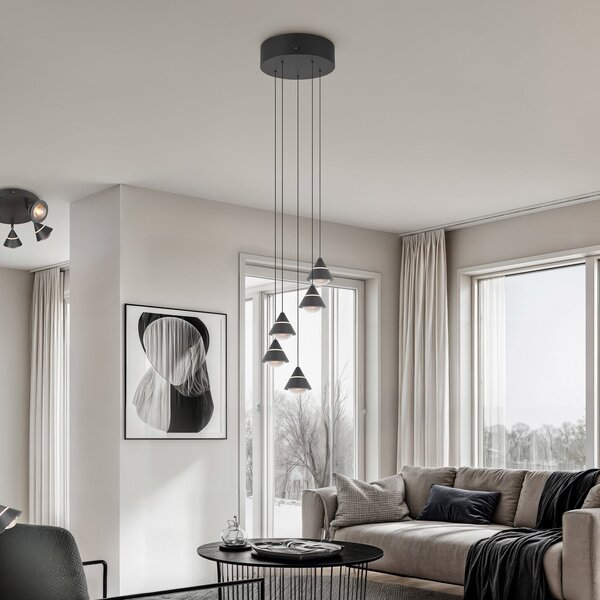 Trio Lighting Lampă suspendată LED Romeo, Ø 28 cm, negru, metal, 5 becuri., Negru, Camera de zi / sufragerie, Metal, Modern