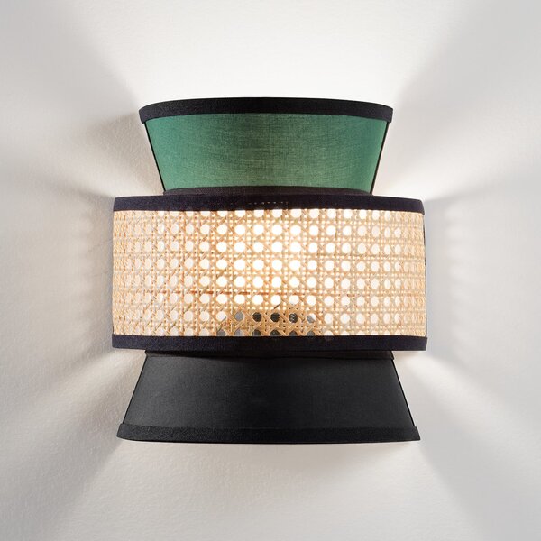 Luce Ambiente Design Aplică de perete Gazebo, verde/negru/natur, 24 cm, țesătură/rattan, reglabil, Verde, Camera de zi / sufragerie, Țesătură / Textil