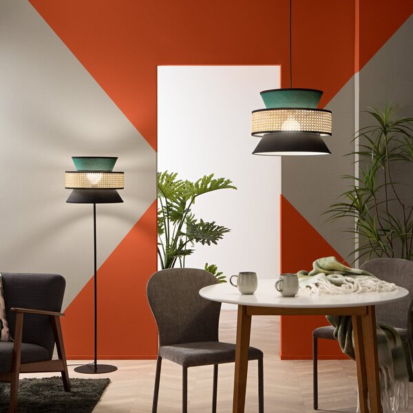 Luce Ambiente Design Lampă suspendată Gazebo, verde/negru/natur, Ø 40 cm, țesătură/rattan, reglabil, Verde, Camera de zi / sufragerie, Țesătură / Textil