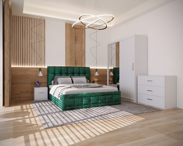Dormitor Regal Tapitat Verde 2 Usi Alb cu Oglinda