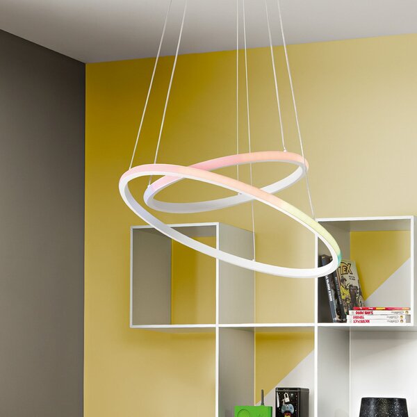 Luce Ambiente Design Lampă suspendată LED Axis, Ø 60/40 cm, alb, metal, CCT, RGB, Alb, Camera de zi / sufragerie, Metal, Modern