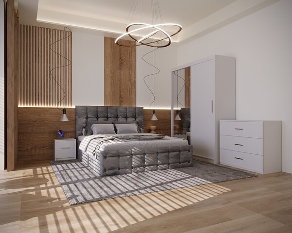 Dormitor Regal Tapitat Gri 2 Usi Alb cu Oglinda