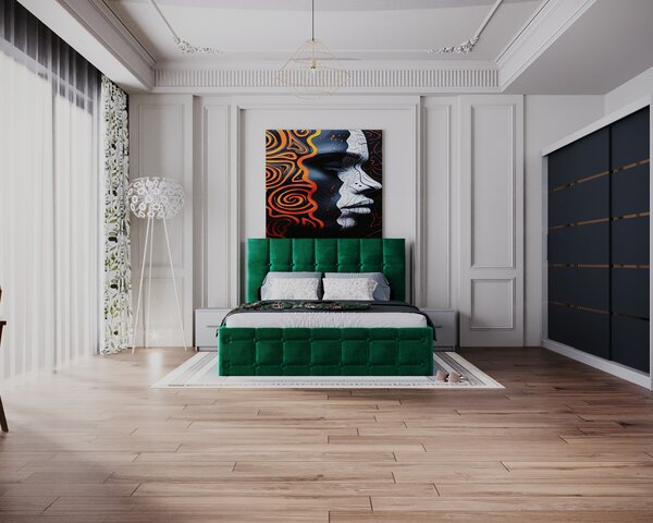 Dormitor Regal cu Pat Tapitat Stofa Verde cu dulap 250 200 usi glisante AlbAntracit, noptiere si comoda