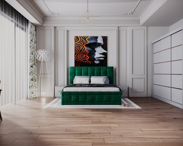 Dormitor Regal cu Pat Tapitat Stofa Verde cu dulap 250 200 usi glisante Alb, noptiere si comoda