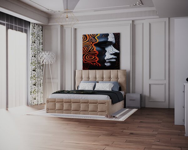 Dormitor Regal cu Pat Tapitat Stofa Bej cu dulap 250 200 usi glisante Alb, noptiere si comoda