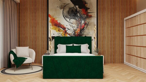 Dormitor cu pat Tony 160x200 Tapitat Stofa Verde cu dulap 200 200 usi glisante SonomaAlb, noptiere si comoda