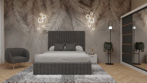 Dormitor Cairo Pat Tapitat Dressing 200x200 AlbGri Antracit Cu Oglinda