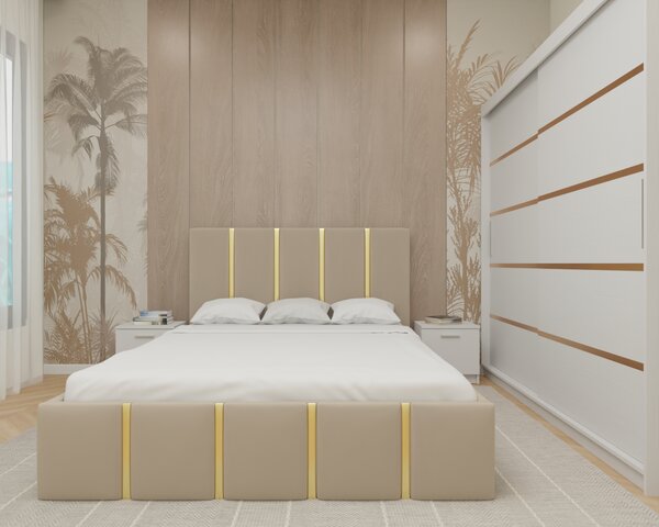 Dormitor MILANO Tapitat, 200X200 Alb fara oglinda, Somiera Rabatabila