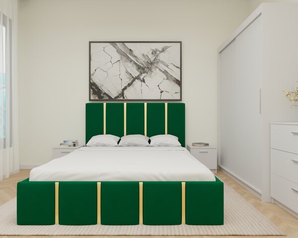 Dormitor MILANO Tapitat, 150x200 Alb fara oglinda, Somiera Rabatabila