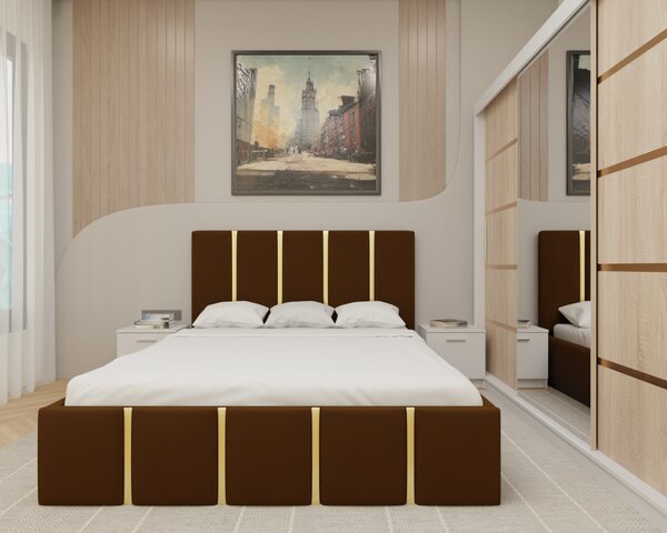 Dormitor MILANO Tapitat, 250X200 AlbSonoma cu oglinda, Somiera Rabatabila