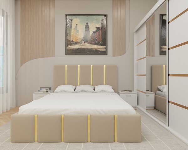 Dormitor MILANO Tapitat, 250X200 Alb cu oglinda, Somiera Rabatabila