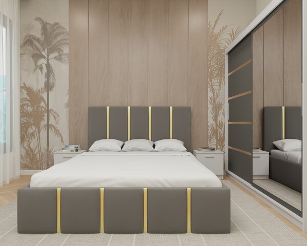 Dormitor MILANO Tapitat, 200X200 AlbAntracit cu oglinda, Somiera Rabatabila