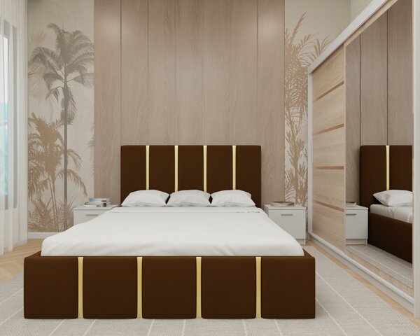 Dormitor MILANO Tapitat, 200X200 AlbSonoma cu oglinda, Somiera Rabatabila