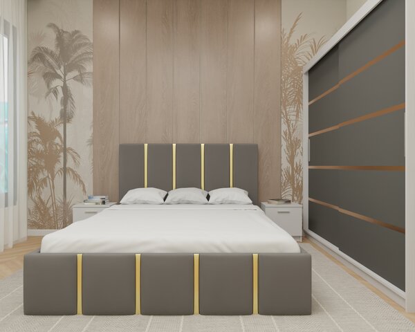 Dormitor MILANO Tapitat, 200X200 AlbAntracit fara oglinda, Somiera Rabatabila