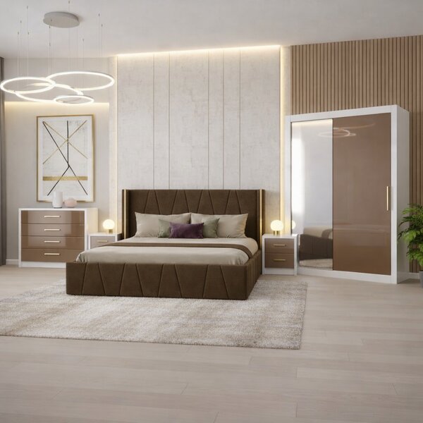 Set Dormitor Eva MDF lucios cu Somiera rabatabila si lada, dressing 150x200