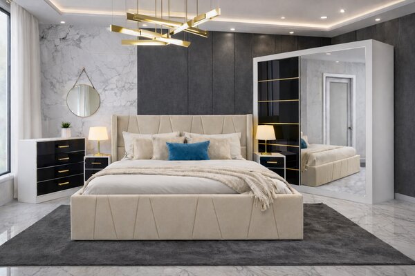 Set Dormitor Eva mdf lucios cu Somiera Rabatabila si lada , dressing 200x200