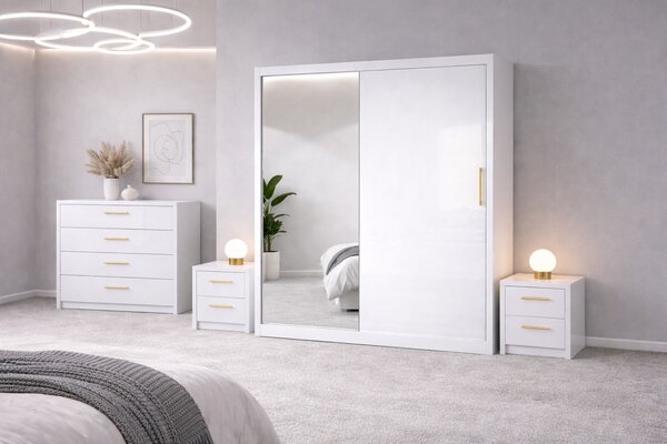 Set Dressing Iulia din Mdf lucios 150x200 cu 2 noptiere si comoda din Mdf lucios