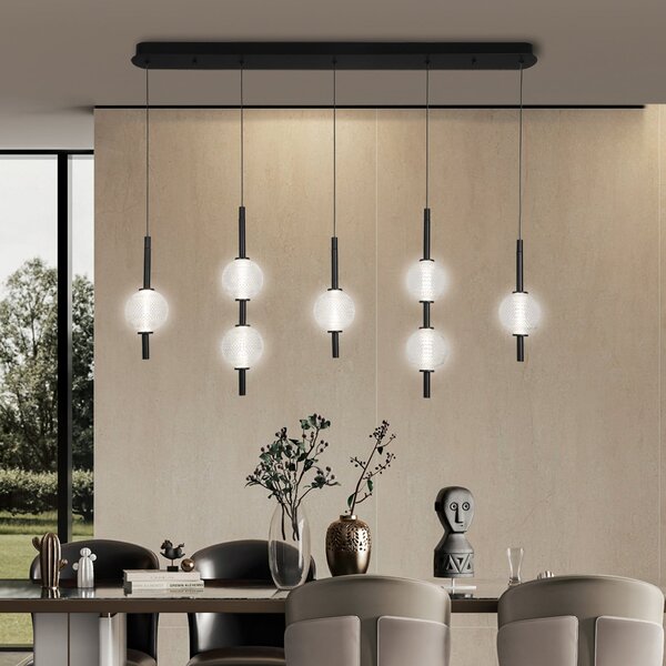 Viokef Lampă suspendată LED Abeona, lungime 105 cm, metal negru, 7 becuri., Negru, Camera de zi / sufragerie, Metal