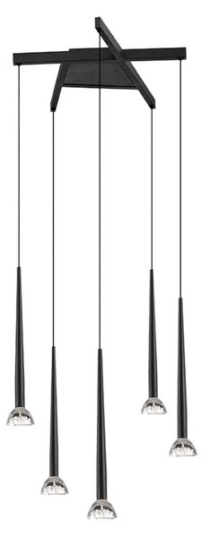 Viokef Lampă suspendată LED Rina, negru/transparent, Ø 51 cm, metal, 5 becuri., Negru, Camera de zi / sufragerie, Metal, Modern