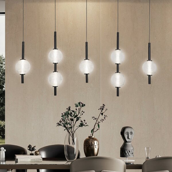 Viokef Lampă suspendată LED Abeona, lungime 105 cm, metal negru, 7 becuri., Negru, Camera de zi / sufragerie, Metal