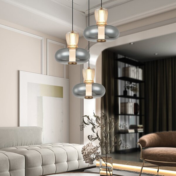 Viokef Lampă suspendată LED Sire, Ø 42 cm fum/bronz metal/sticlă 3 becuri, Gri, Camera de zi / sufragerie, Metal