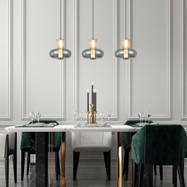 Viokef Lampă suspendată LED Sire, lungime 92 cm, sticlă fumurie/bronz, 3 becuri., Gri, Camera de zi / sufragerie, Metal