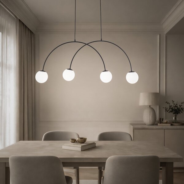 Domiluce Lampă suspendată Nova, sticlă/metal, negru/alb, 4 becuri, reglabil, Negru, Camera de zi / sufragerie, Metal, Modern, Pandantiv cu flacără multiplă