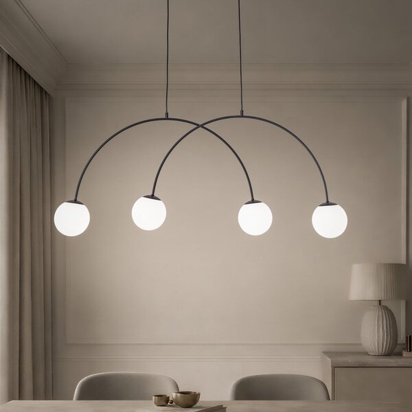 Domiluce Lampă suspendată Nova, sticlă/metal, negru/alb, 4 becuri, reglabil, Negru, Camera de zi / sufragerie, Metal, Modern, Pandantiv cu flacără multiplă