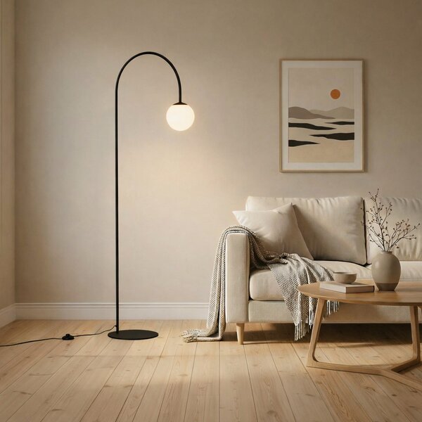 Domiluce Lampadar Nova, sticlă/metal, negru/alb, înălțime 155 cm, Negru, Camera de zi / sufragerie, Metal, Modern, Arc în picioare