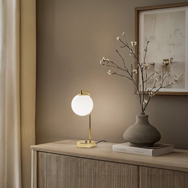 Domiluce Lampa de masă Rico, sticlă/metal, auriu/alb, înălțime 36 cm, Auriu / Alamă, Camera de zi / sufragerie, Metal, Modern, Umbră de masă