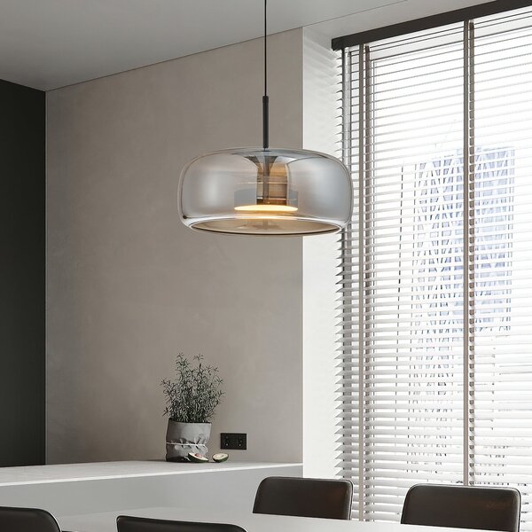 Viokef Lampă suspendată LED Deco, gri fumuriu/negru, Ø 33 cm, sticlă, Gri, Camera de zi / sufragerie, Sticlă