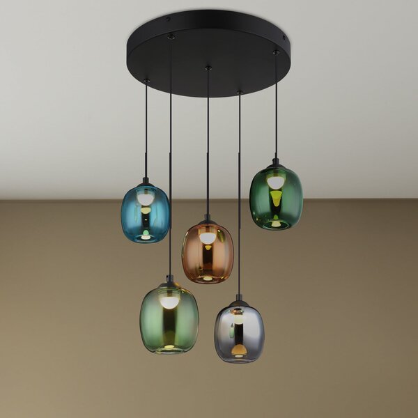 Globo Lampă suspendată LED Minara, 5 becuri, Ø 43 cm, colorată, sticlă, Multicolor, Camera de zi / sufragerie, Metal, Modern