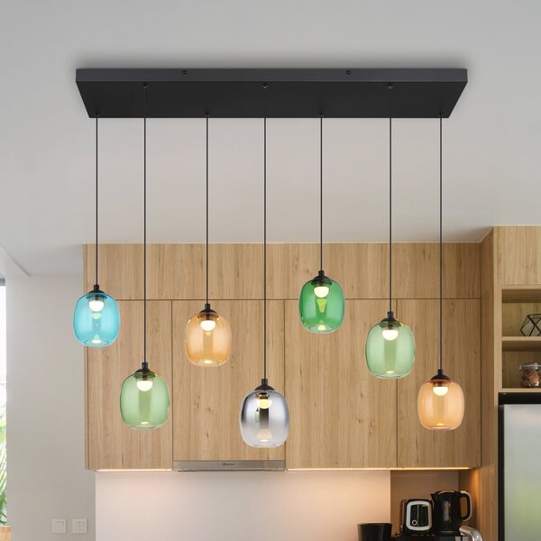 Globo Lampă suspendată LED Minara, 7 becuri, lungime 102 cm, colorată, sticlă, Multicolor, Camera de zi / sufragerie, Metal, Modern