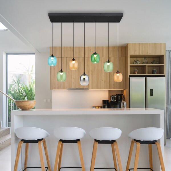 Globo Lampă suspendată LED Minara, 7 becuri, lungime 102 cm, colorată, sticlă, Multicolor, Camera de zi / sufragerie, Metal, Modern