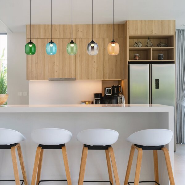 Globo Lampă suspendată LED Minara, 5 becuri, lungime 102 cm, colorată, sticlă, Multicolor, Camera de zi / sufragerie, Metal, Modern