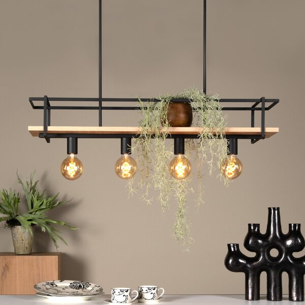 Lucide Lampă suspendată Milonga, negru, lungime 100 cm, metal/lemn, reglabil, Negru, Camera de zi / sufragerie, Metal, Modern